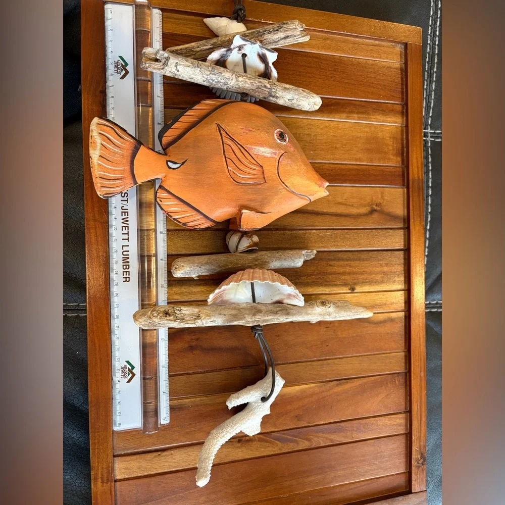 Hawaiian Folk Art Fish Mobile Carved Fish, Driftwood Sea Shells Coral